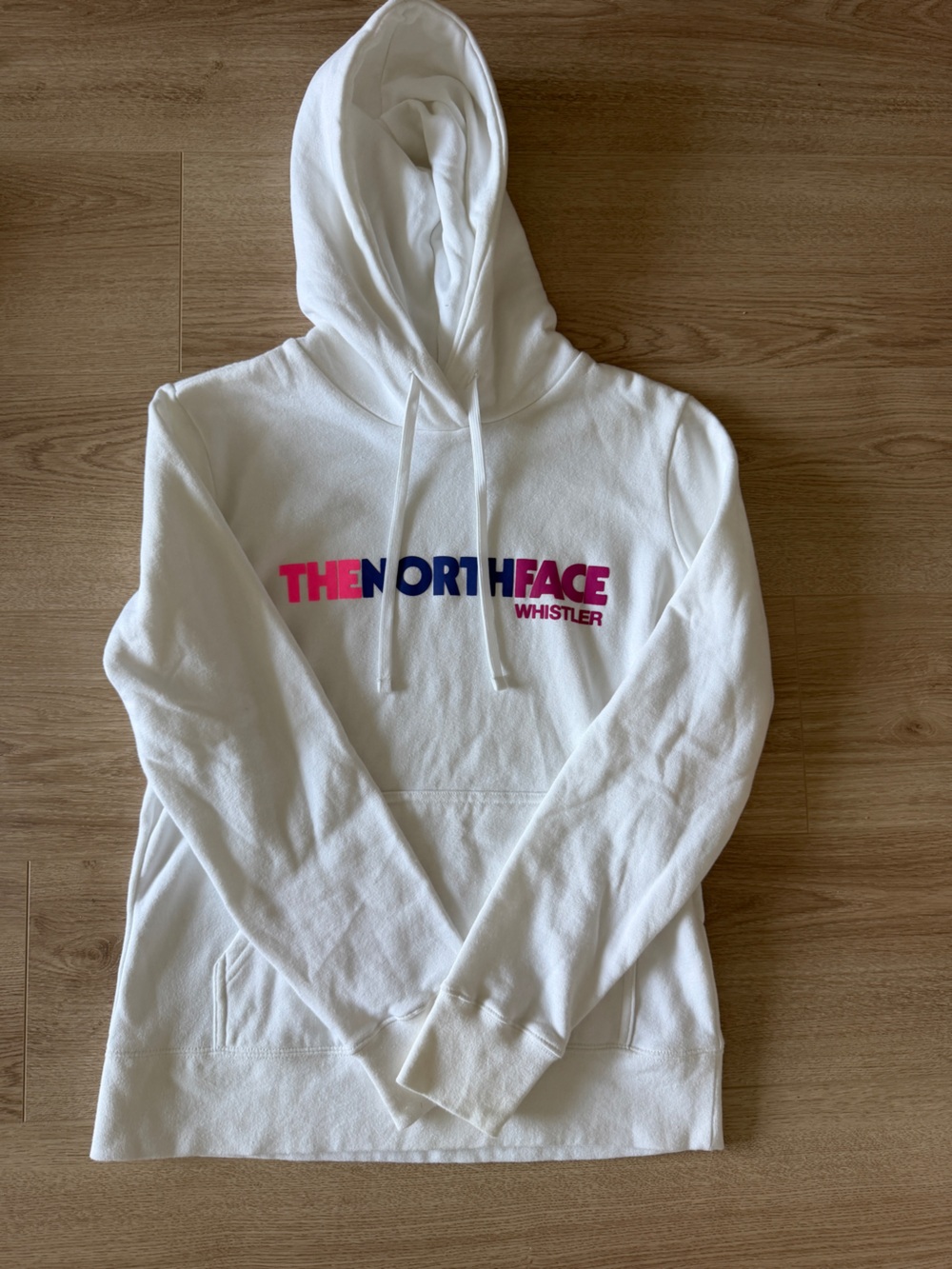 The North Face White Pullover Hoodie with Pink & Blue Logo